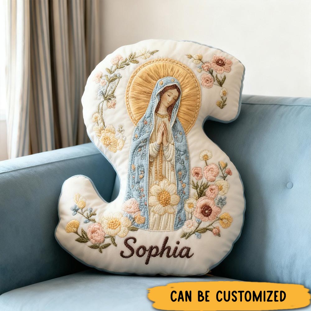 Personalized Virgin Mary Letter Pillow with Custom Name Home Decor Religious Gift for Her Catholic Gift for Women Floral Graphic 3D Print Pillow