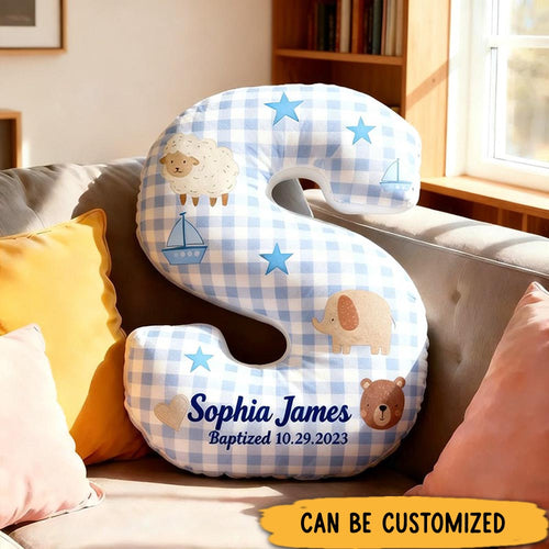 Personalized Woodland Animals Baptism Letter Pillow with Name and Date Kid Room Decor Baby Boy Gift Christian Baptism Gift Graphic 3D Print Pillow