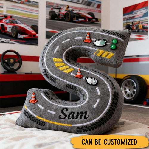 Personalized Racing Style Letter Pillow Custom Initial and Name Road Track Shaped Cushion for Car Lovers and Motorsport Fans