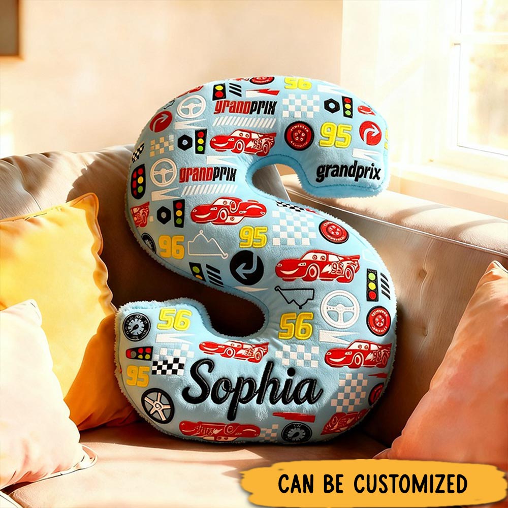 Personalized Racing Letter Pillow Custom Name Vehicle Pattern Alphabet Cushion Gift for Racers and Racing Fans