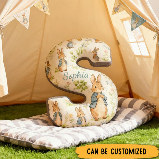 Personalized Watercolor Cartoon Rabbit Alphabet Shaped Pillow for Cartoon Lovers Initial Pillow Christmas Gift for Kids