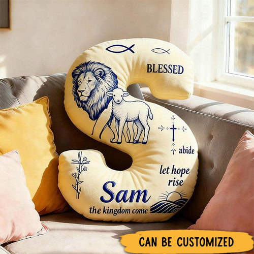 Personalized Lion and Lamb Blessed Letter Pillow with Custom Name Home Decor Fish Cross Olive Branch Pillow Religious Christian Gift