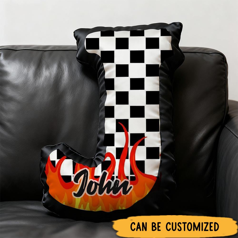 Personalized Racing Flame Pillow Custom Initial Checkered Flag Design Cushion 3D Print Gift for Speed Enthusiasts