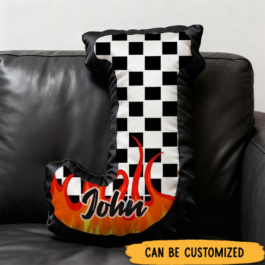 Personalized Racing Flame Pillow Custom Initial Checkered Flag Design Cushion 3D Print Gift for Speed Enthusiasts