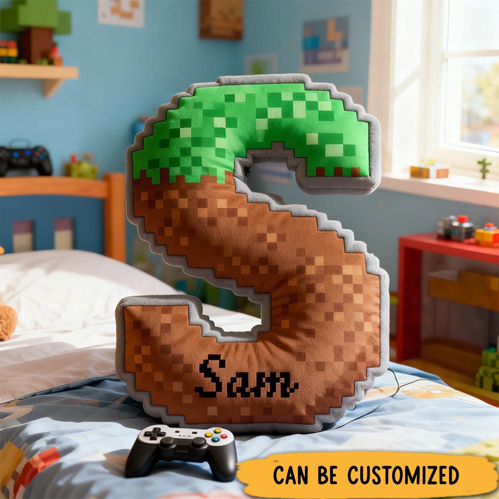 Personalized Pixel Grass Graphic 3D Print Alphabet Shaped Pillow for Game Lovers Initial Pillow Christmas Gift for Kids