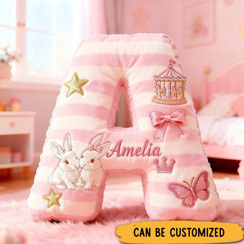 Personalized Pink Striped Bunny Star Butterfly Carousel Letter Initial Custom Name Soft Decorative Gift Cozy Girls Room Graphic 3D Print Pillows Pillow
