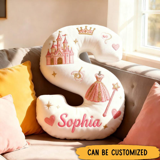 Personalized Princess Letter Name Custom Kids Gift Pink Castle Crown Dress Magic Fairytale Soft Decorative Graphic 3D Print Pillow