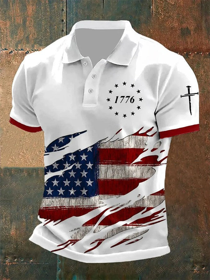 1776 Faith Cross Polo Shirt USA Flag Patriotic Apparel 4th Of July Gifts For Dad -Mouldkingstore
