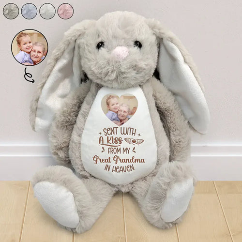 Custom Photo Memorial Sent With A Kiss From My Great Grandma In Heaven - Personalized Soft Toy Bunny