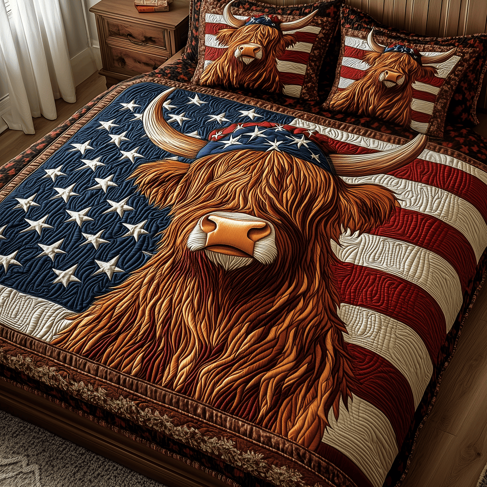 Patriotic Highland Cow 3-Piece Quilted Bedding Set GFTOTP2957