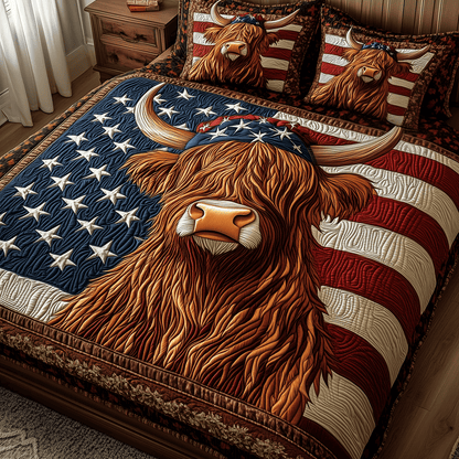 Patriotic Highland Cow 3-Piece Quilted Bedding Set GFTOTP2957