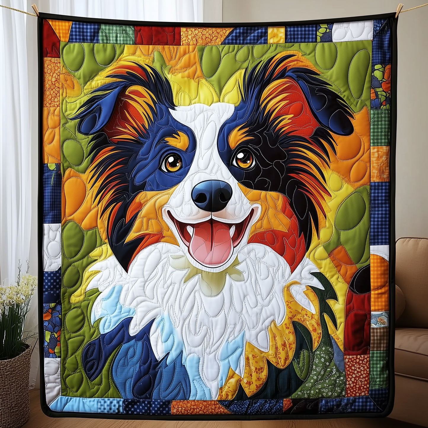 Colorful Border Collie Quilted Blanket GFTOAB839