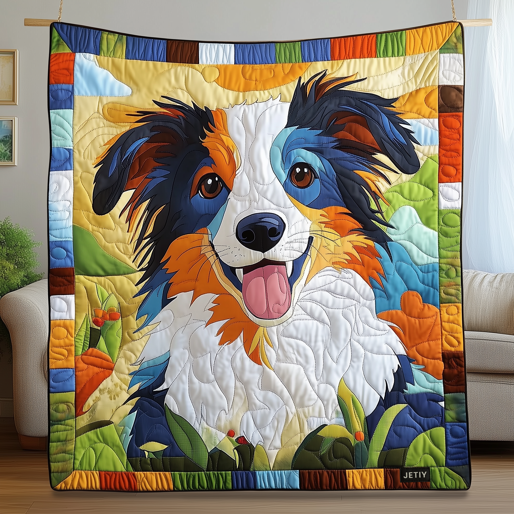 Colorful Border Collie Quilted Blanket GFTOAB837