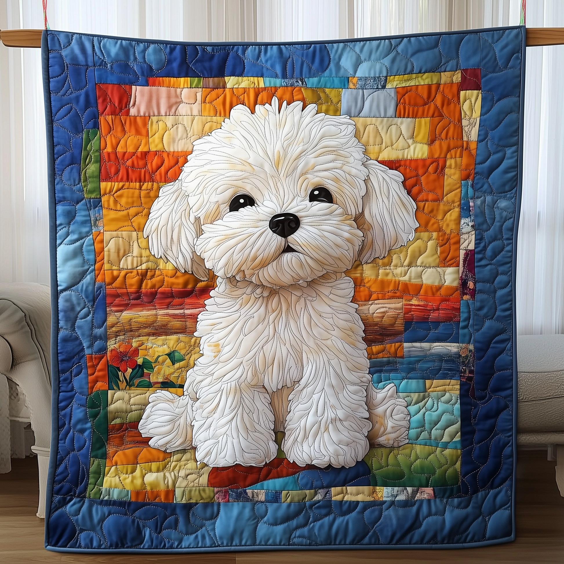 Colorful Bichon Frise Quilted Blanket GFTOAB832