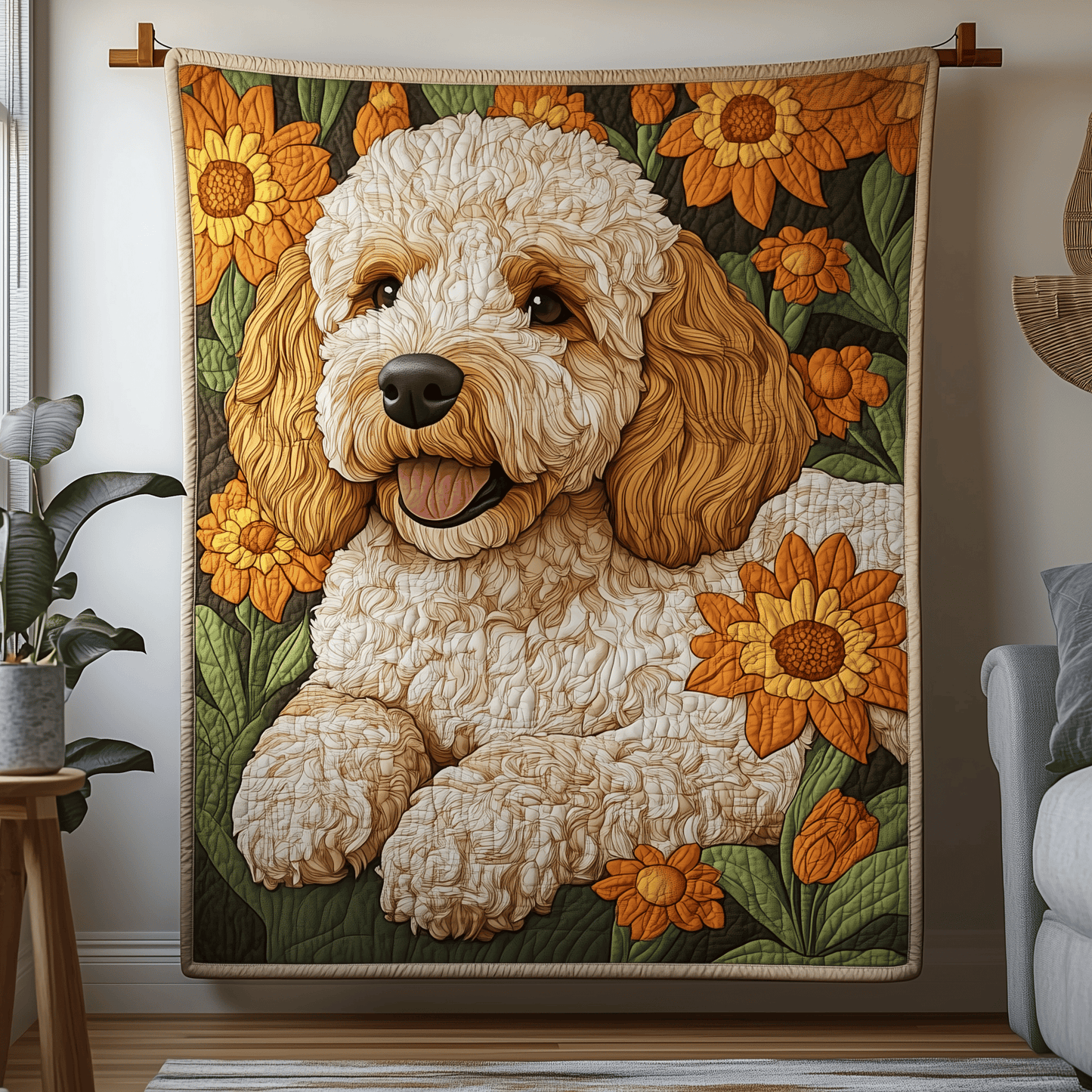 Floral Goldendoodle Quilted Blanket GFTOAB1286