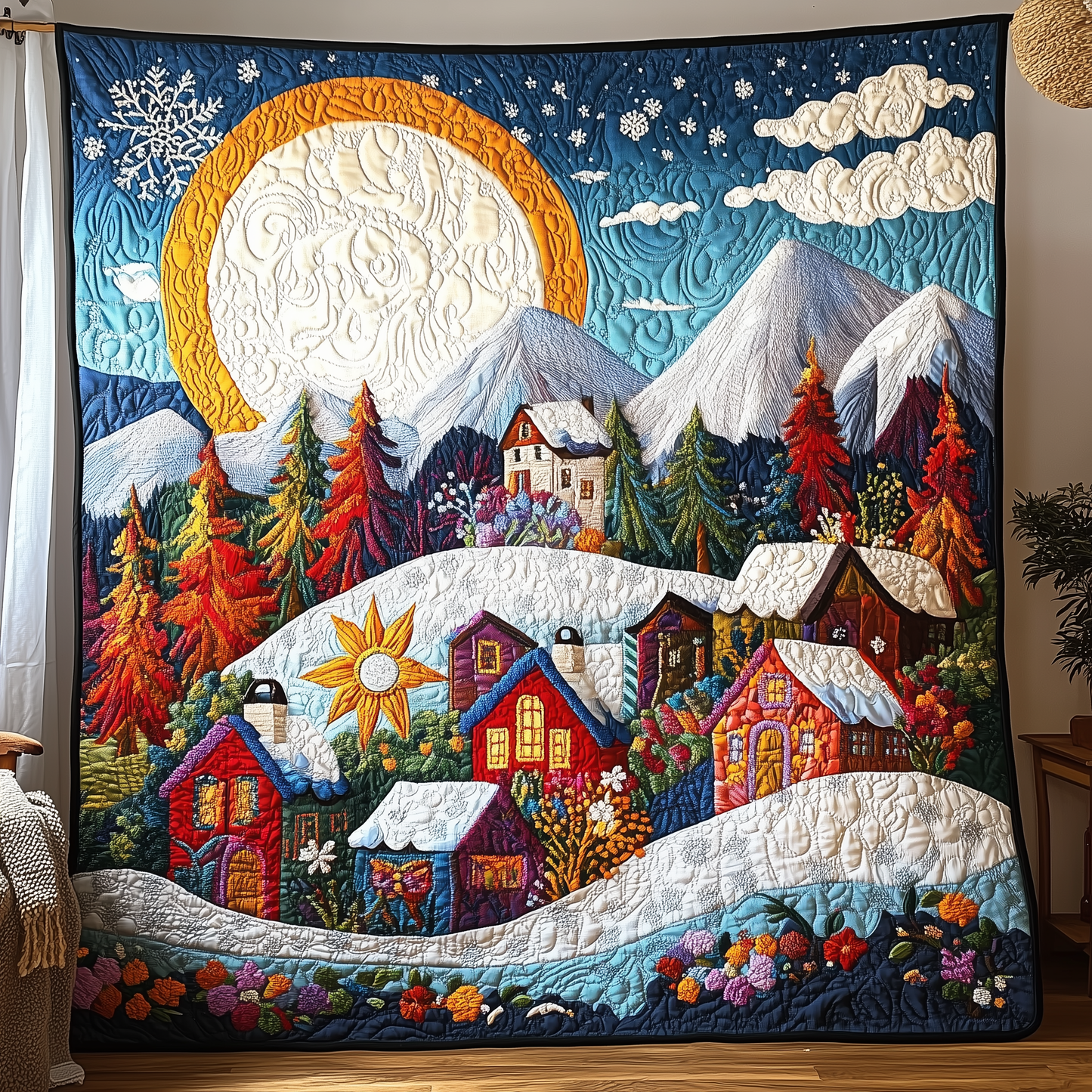 Colorful Snow-covered Village Quilted Blanket GFTONL1338