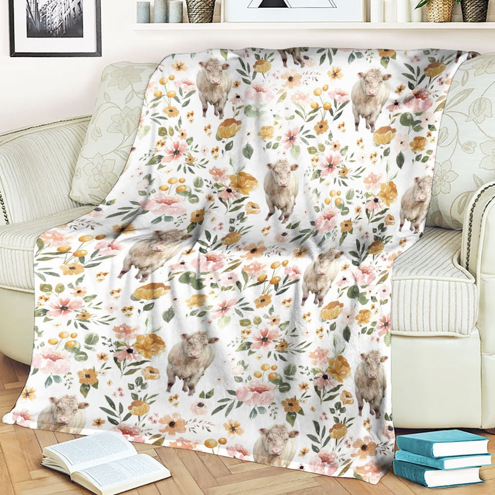 Shorthorn Floral Pattern Blanket, Farm Blanket, Farm Animal Blanket