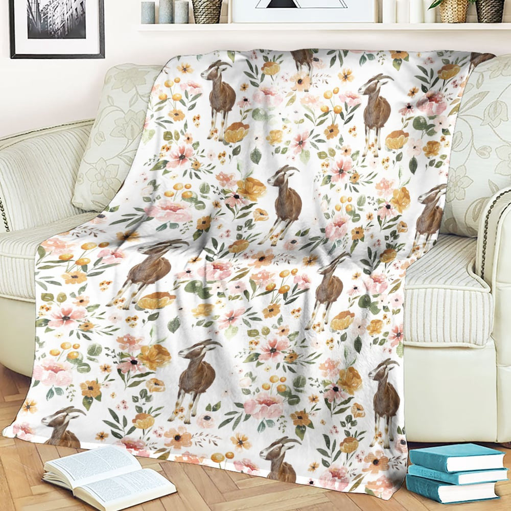 Nubian Goat Floral Pattern Blanket, Farm Blanket, Farm Animal Blanket
