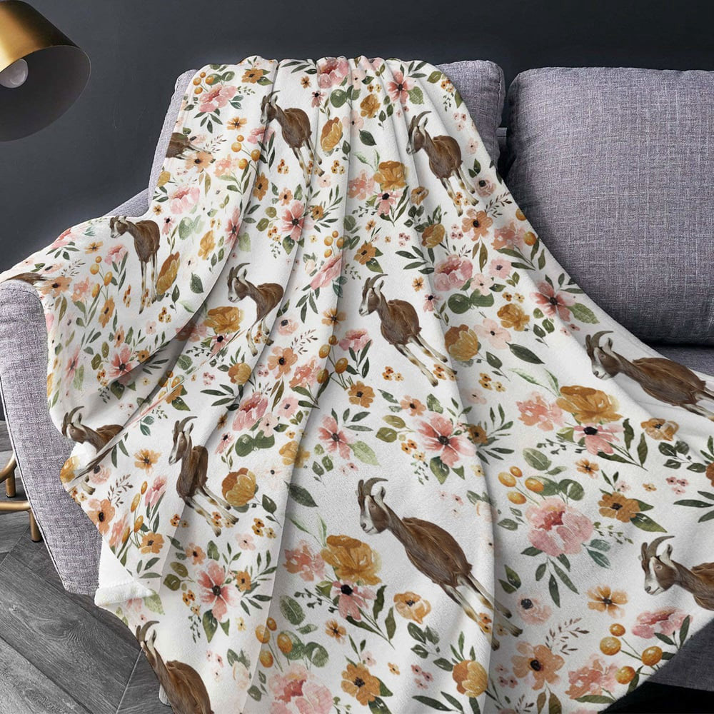 Nubian Goat Floral Pattern Blanket, Farm Blanket, Farm Animal Blanket