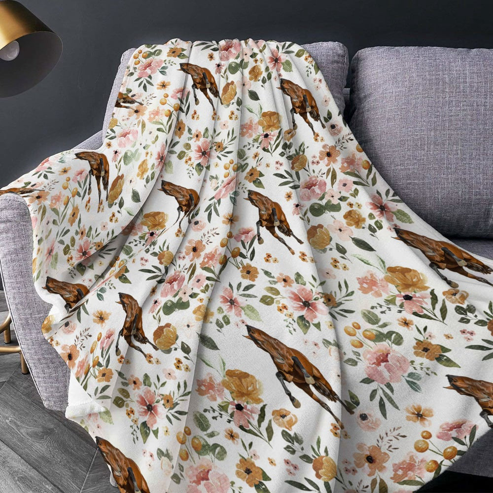 Warmbloods Horse Floral Pattern Blanket, Farm Blanket, Farm Animal Blanket