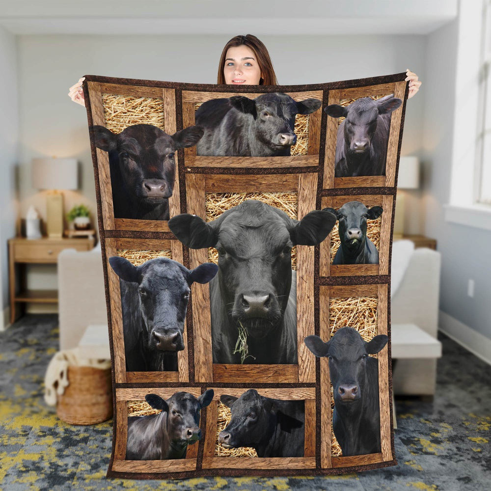 Black Angus In Farm All Printed 3D Blanket, Farm Blanket, Farm Animal Blanket