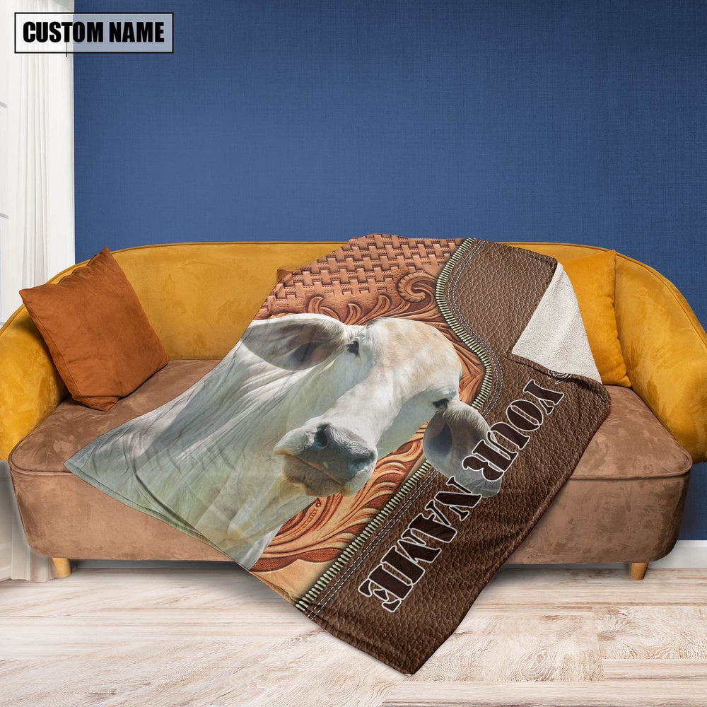 Custom Name Brahman Cattle Leather Carving Blanket, Farm Blanket, Farm Animal Blanket