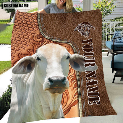 Custom Name Brahman Cattle Leather Carving Blanket, Farm Blanket, Farm Animal Blanket