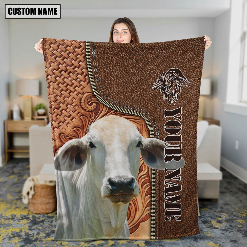 Custom Name Brahman Cattle Leather Carving Blanket, Farm Blanket, Farm Animal Blanket