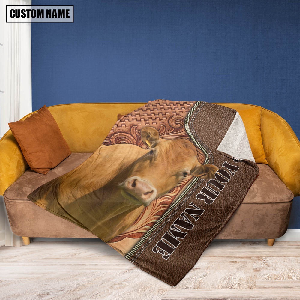 Custom Name Limousin Cattle Leather Carving Blanket, Farm Blanket, Farm Animal Blanket