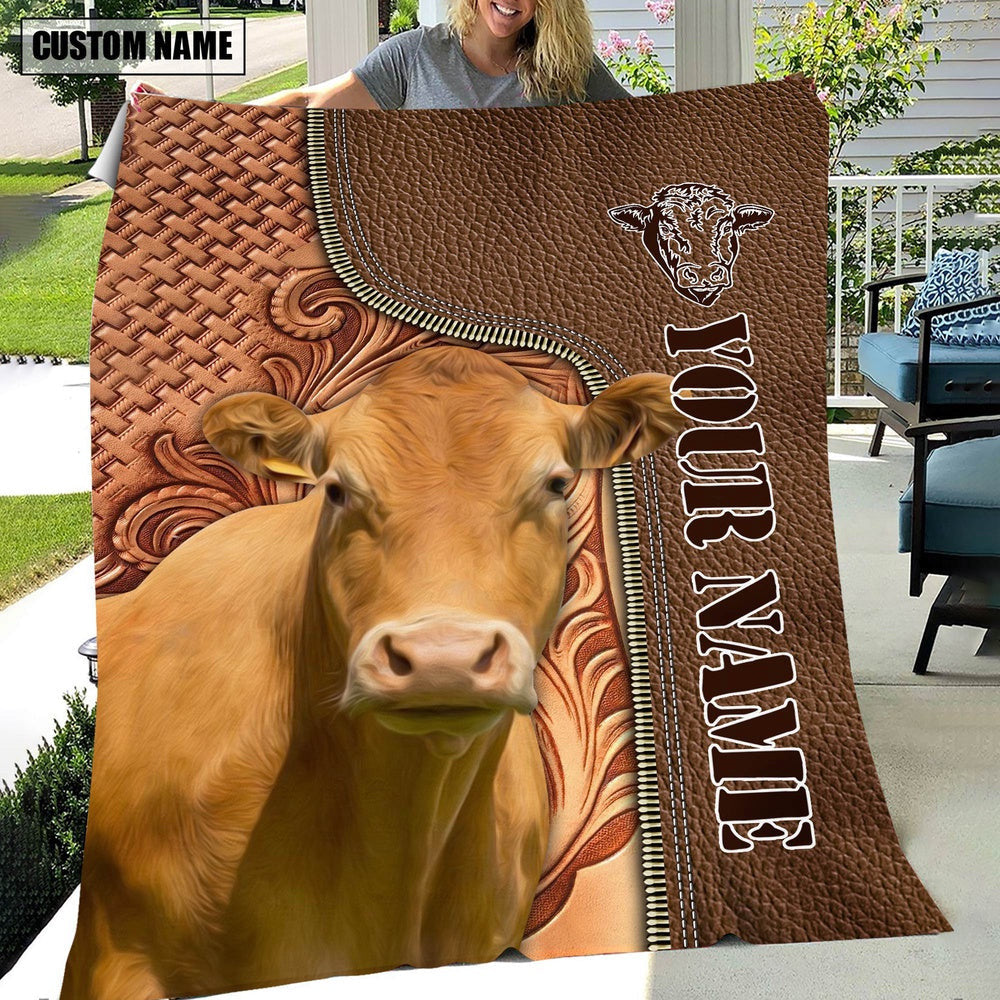 Custom Name Limousin Cattle Leather Carving Blanket, Farm Blanket, Farm Animal Blanket