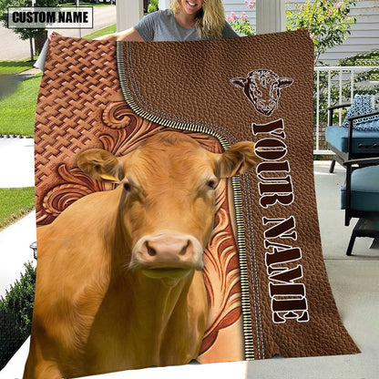 Custom Name Limousin Cattle Leather Carving Blanket, Farm Blanket, Farm Animal Blanket