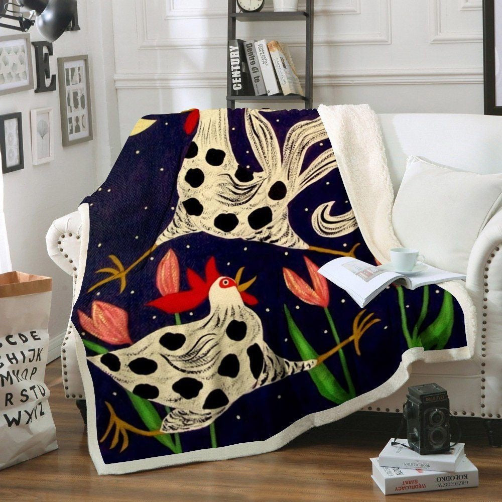 Rooster Chickens Folk Art Printed Blanket, Farm Blanket, Farm Animal Blanket