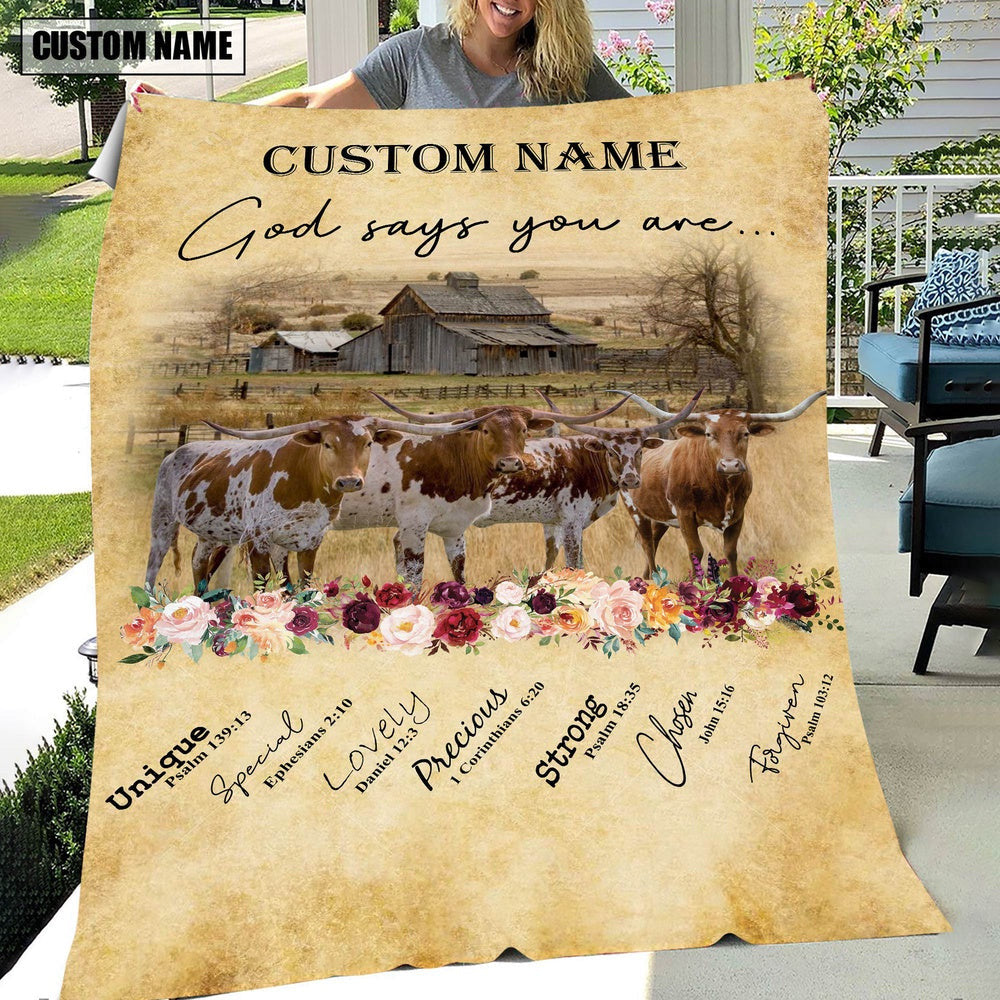 God Says You Are Personalized Name Texas Longhorn Blanket, Farm Blanket, Farm Animal Blanket