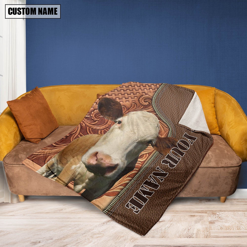 Custom Name Simmental Cattle Leather Carving Blanket, Farm Blanket, Farm Animal Blanket