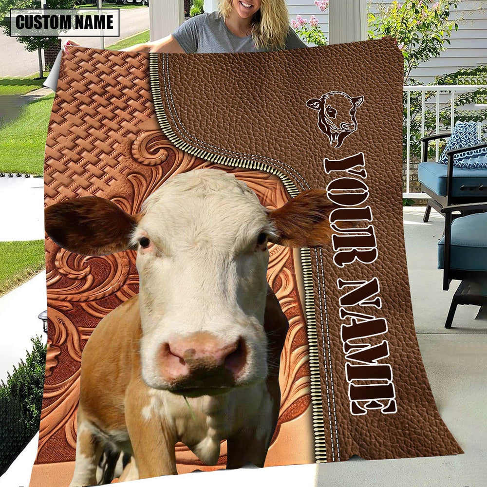 Custom Name Simmental Cattle Leather Carving Blanket, Farm Blanket, Farm Animal Blanket
