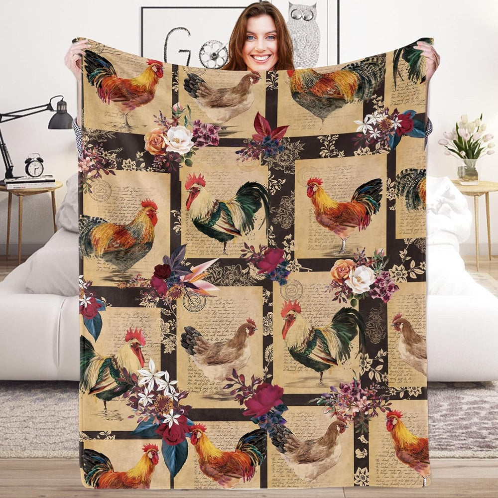 Rooster Chickens Letters & Flower Pattern Blanket, Farm Blanket, Farm Animal Blanket