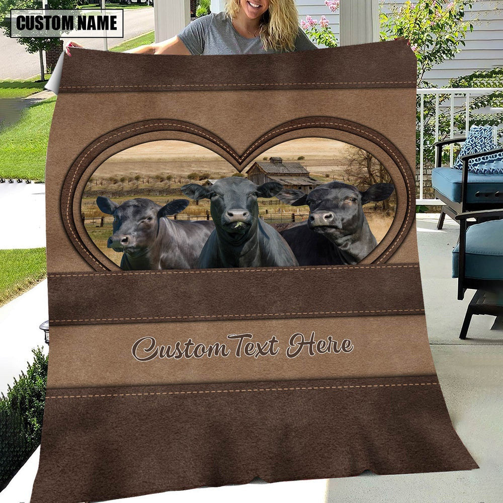 Black Angus In Heart Personalized Name Blanket, Farm Blanket, Farm Animal Blanket