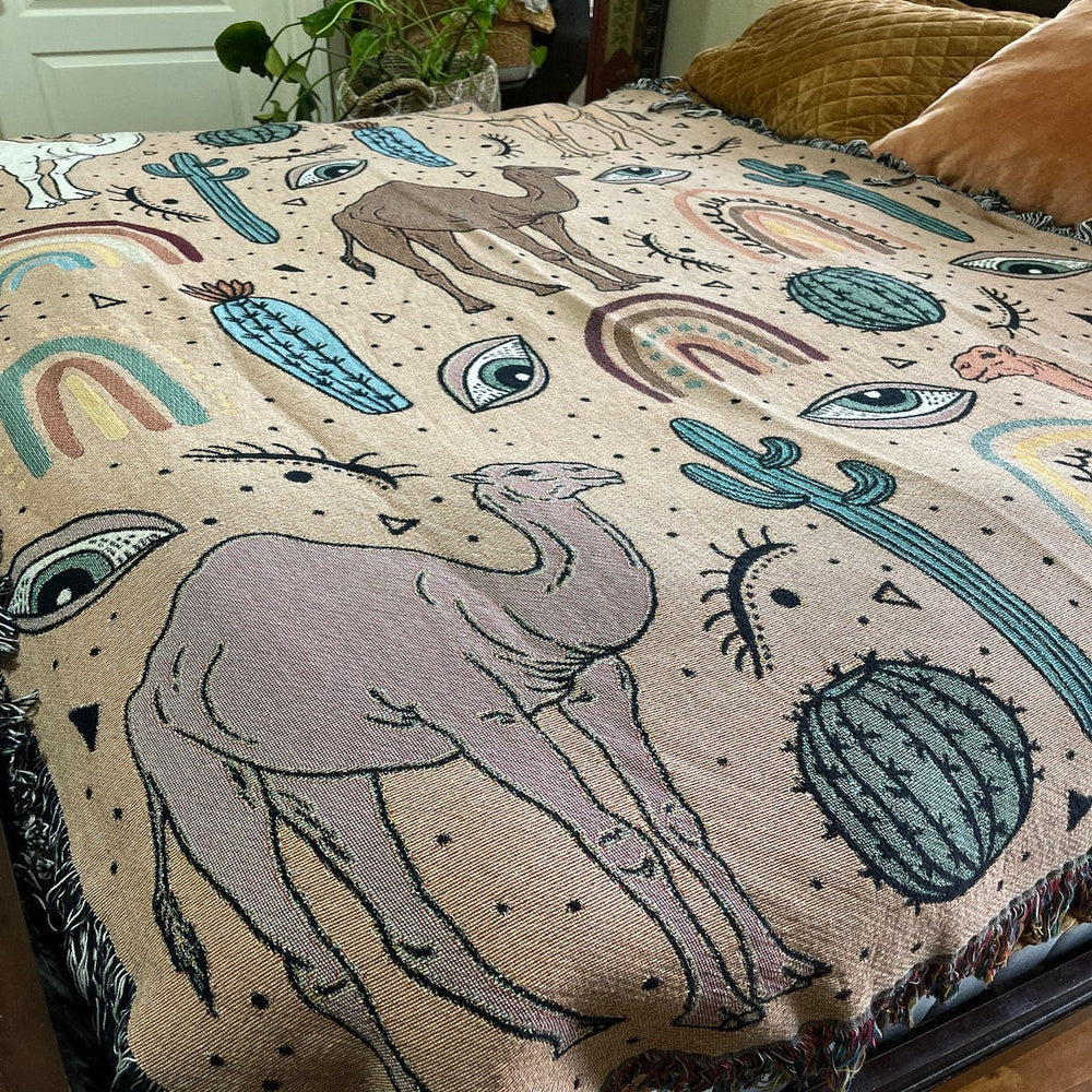 Camel Cactus Rainbow Pattern All Over Printed 3D Woven Blanket, Farm Blanket, Farm Animal Blanket