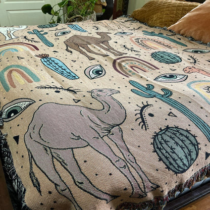 Camel Cactus Rainbow Pattern All Over Printed 3D Woven Blanket, Farm Blanket, Farm Animal Blanket