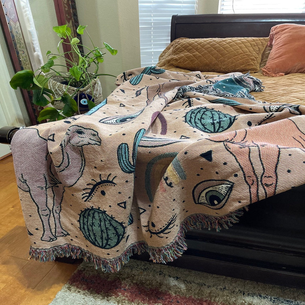 Camel Cactus Rainbow Pattern All Over Printed 3D Woven Blanket, Farm Blanket, Farm Animal Blanket