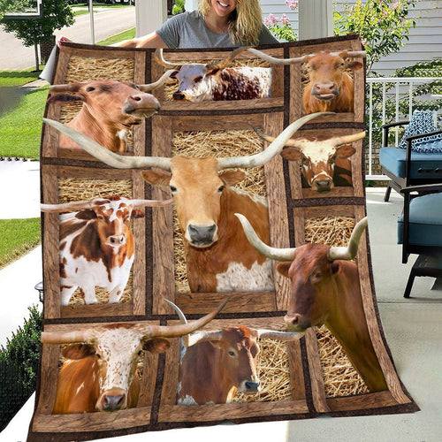 TX Longhorn In Farm All Printed 3D Blanket, Farm Blanket, Farm Animal Blanket