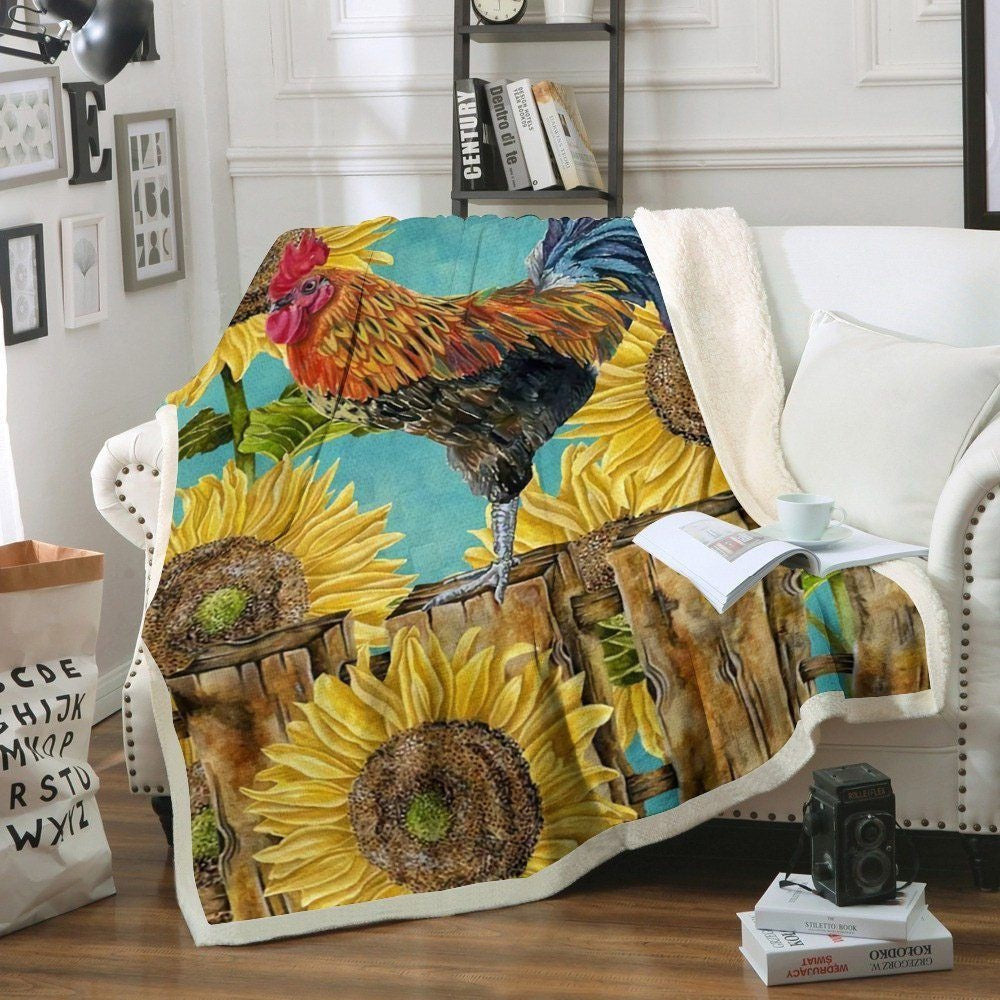 Rooster Chickens Vintage Sunflower Blanket, Farm Blanket, Farm Animal Blanket
