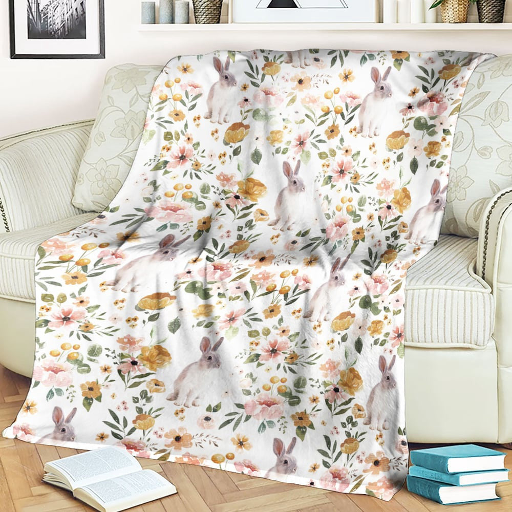 Rabbit Floral Pattern Blanket, Farm Blanket, Farm Animal Blanket