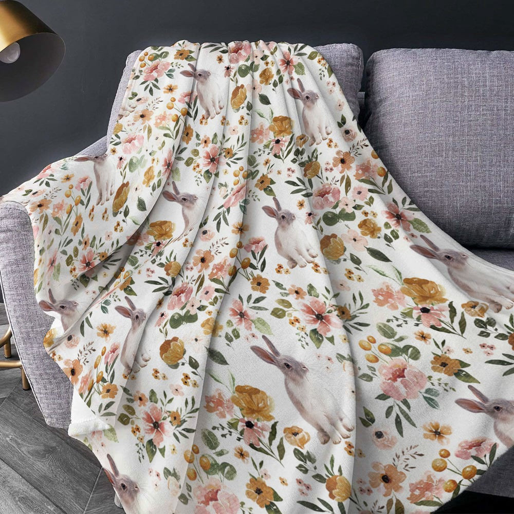 Rabbit Floral Pattern Blanket, Farm Blanket, Farm Animal Blanket