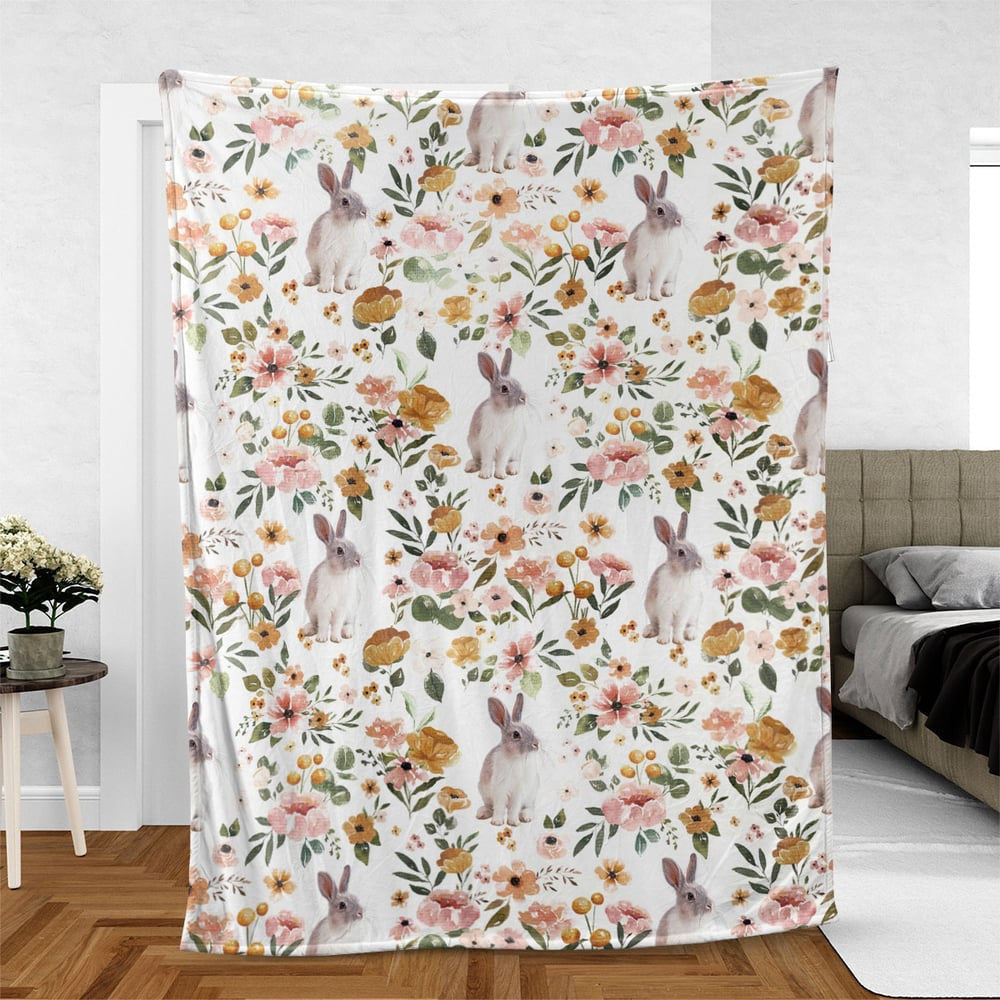 Rabbit Floral Pattern Blanket, Farm Blanket, Farm Animal Blanket