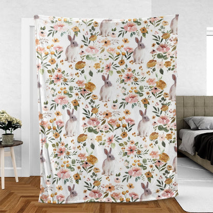 Rabbit Floral Pattern Blanket, Farm Blanket, Farm Animal Blanket