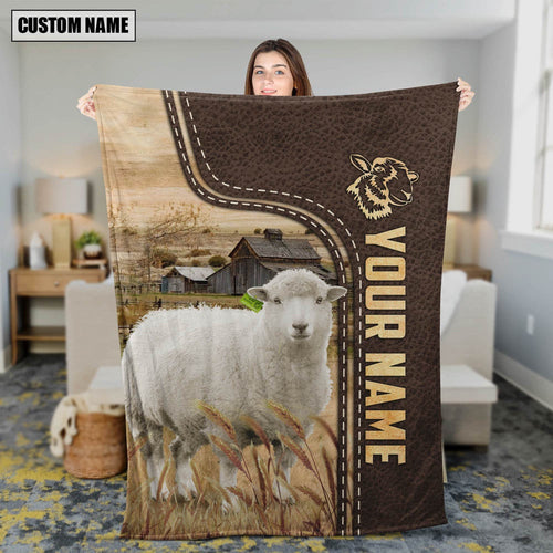 Personalized Name Sheep Leather Pattern Blanket, Farm Blanket, Farm Animal Blanket