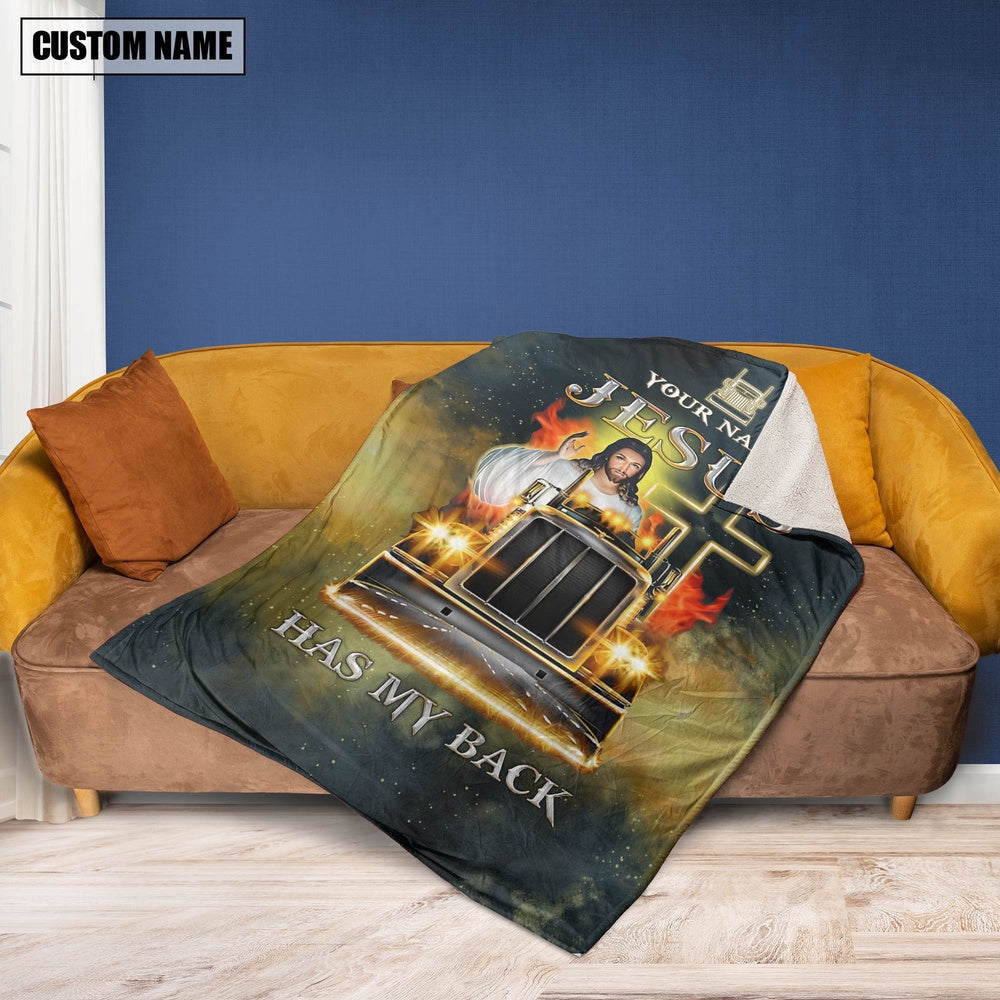 Customized Name Jesus Has My Back Trucker 3D All Over Printed Blanket, Farm Blanket, Farm Animal Blanket