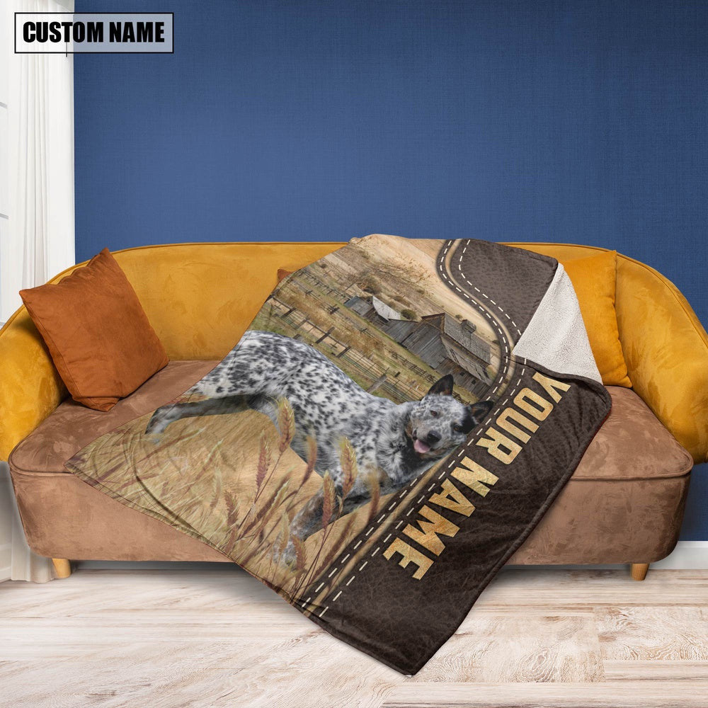 Personalized Name Australian Cattle Dog Leather Pattern Blanket, Farm Blanket, Farm Animal Blanket