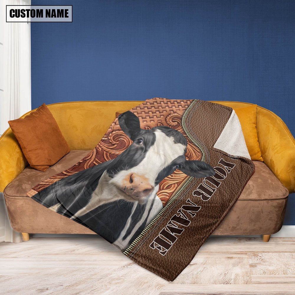 Custom Name Holstein Cattle Leather Carving Blanket, Farm Blanket, Farm Animal Blanket